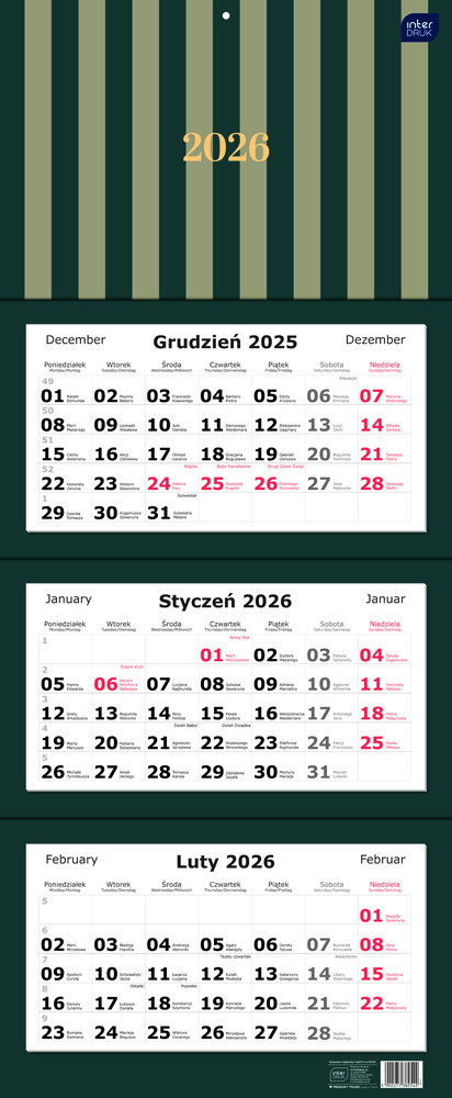 Kalendarz trójdzielny 82,5x34 Paski Interdruk